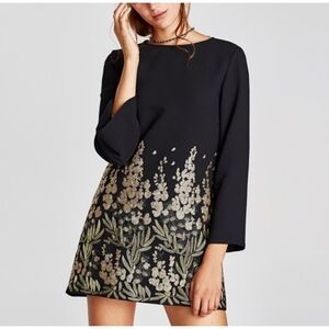Zara | Gold Embellished Floral Flare-Sleeve Mini Dress